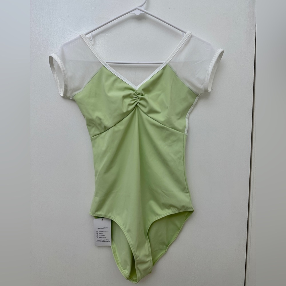 Green Mesh Cap Sleeve Ballet Leotard with Pinch Front and Low Back